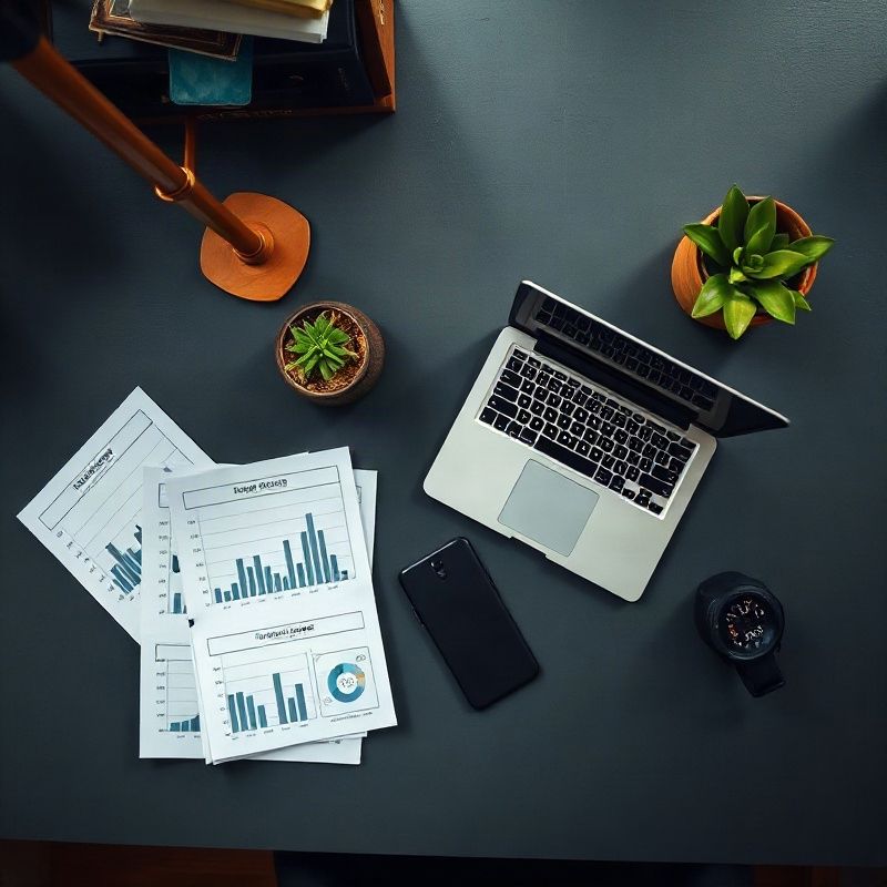 Overhead shot of a tidy Kakamega desk with printed financial charts, a laptop and a succulent plant