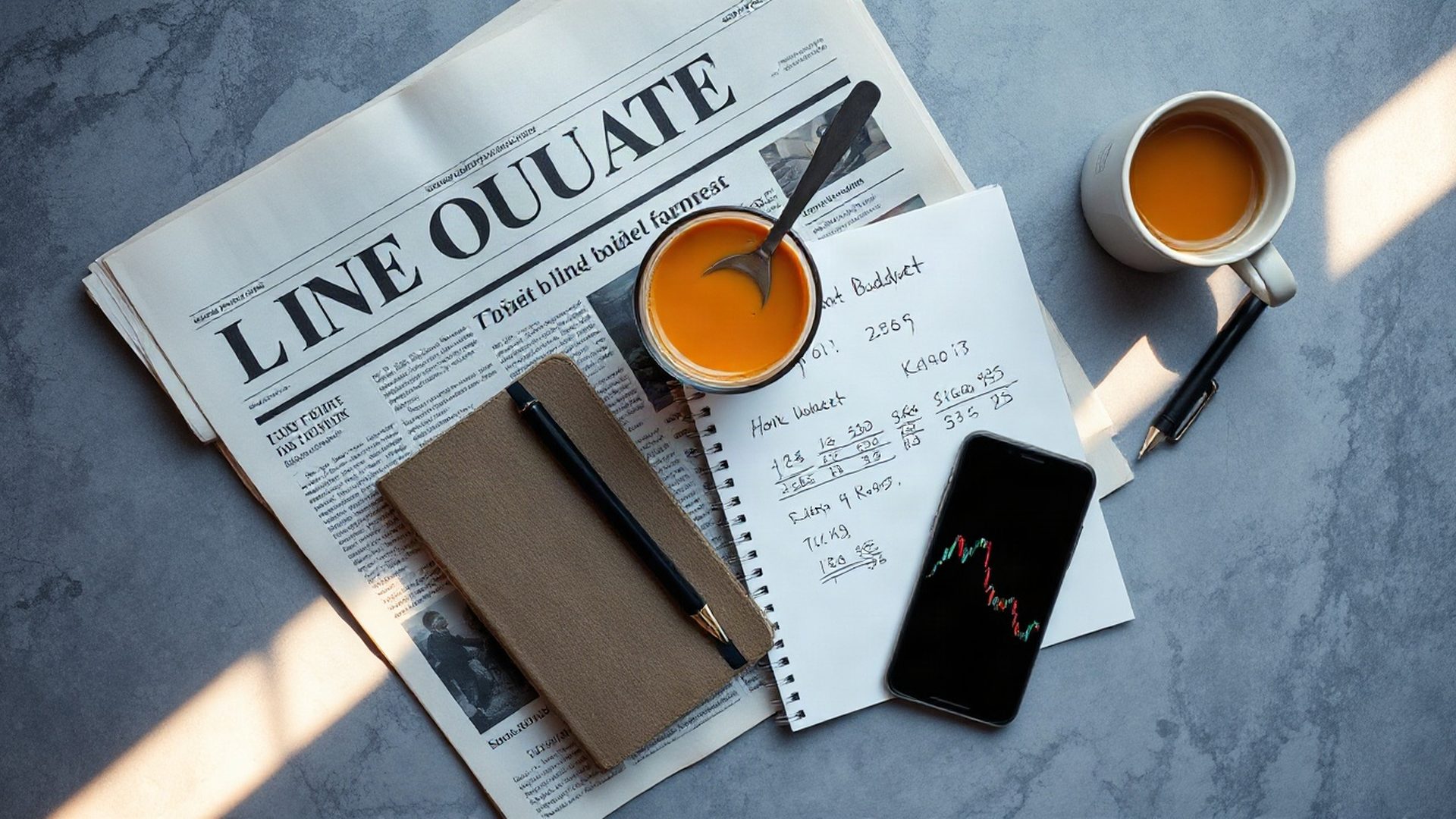 Editorial flat-lay of a Kenyan newspaper, budget notebook, chai, and a phone showing a stock chart