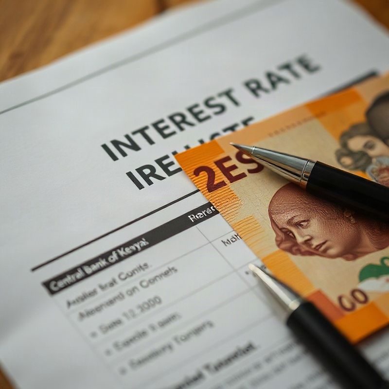 Central Bank of Kenya interest rate bulletin printout beside a KES banknote and a pen